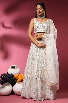 White Embroidered Organza Semi Stitched Lehenga Up To 42" Size