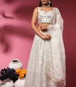 White Embroidered Organza Semi Stitched Lehenga Up To 42" Size