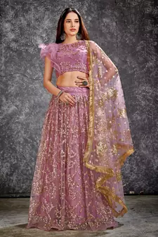 Pink Sequins Net Semi Stitched Lehenga Up To 42" Size