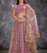 Pink Sequins Net Semi Stitched Lehenga Up To 42" Size