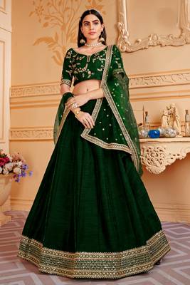 Dark-Green Embroidered Art Silk Semi Stitched Lehenga Up To 42" Size 1