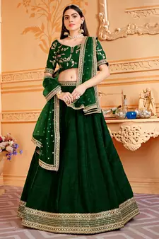 Dark-Green Embroidered Art Silk Semi Stitched Lehenga Up To 42" Size