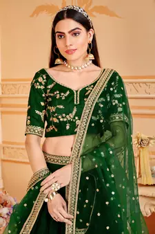 Dark-Green Embroidered Art Silk Semi Stitched Lehenga Up To 42" Size