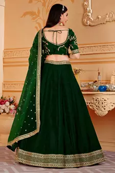 Dark-Green Embroidered Art Silk Semi Stitched Lehenga Up To 42" Size