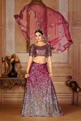 Pink Sequins Net Semi Stitched Lehenga Up To 42" Size 1