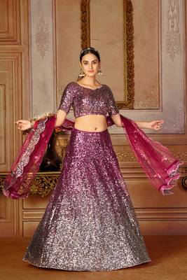 Pink Sequins Net Semi Stitched Lehenga Up To 42" Size 2