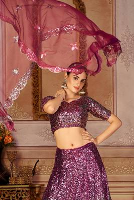 Pink Sequins Net Semi Stitched Lehenga Up To 42" Size 3