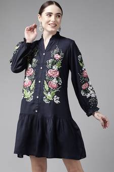 Navy-blue embroidered viscose rayon maxi-dresses
