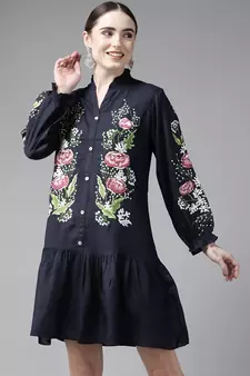 Navy-blue embroidered viscose rayon maxi-dresses