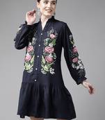 Navy-blue embroidered viscose rayon maxi-dresses