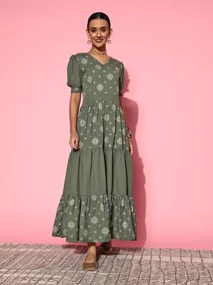 Olive printed dobby maxi-dresses 1