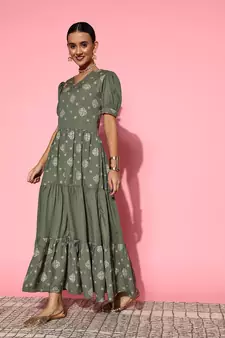 Olive printed dobby maxi-dresses