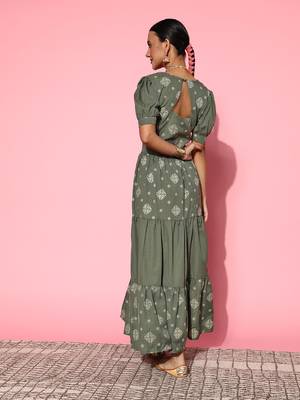 Olive printed dobby maxi-dresses 3
