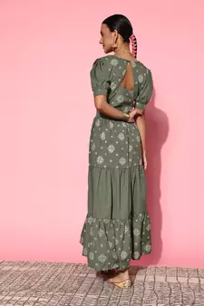 Olive printed dobby maxi-dresses