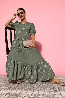 Olive printed dobby maxi-dresses