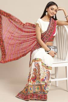 Pink embroidered georgette saree with blouse