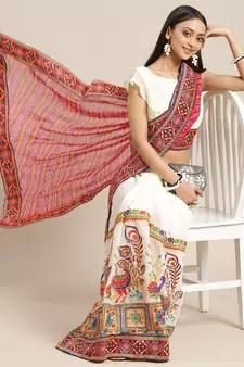 Pink embroidered georgette saree with blouse