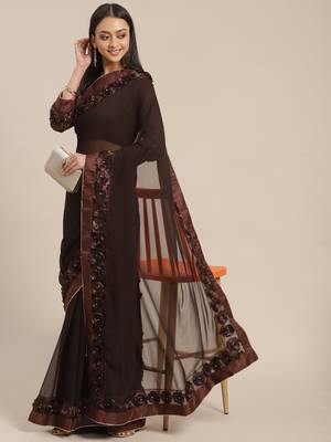 Brown plain georgette saree with blouse 1