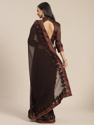 Brown plain georgette saree with blouse 2