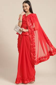 Red plain georgette saree with blouse