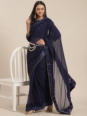 Blue plain georgette saree with blouse 1