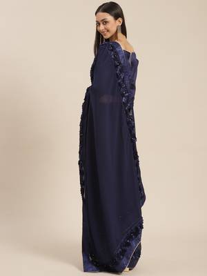 Blue plain georgette saree with blouse 2