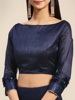 Blue plain georgette saree with blouse 4