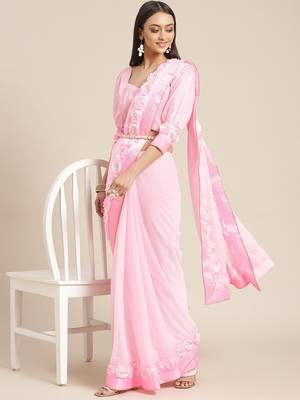 Pink plain georgette saree with blouse 1