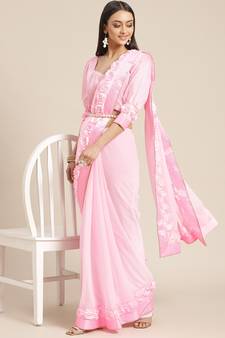 Pink plain georgette saree with blouse