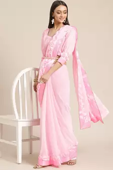 Pink plain georgette saree with blouse