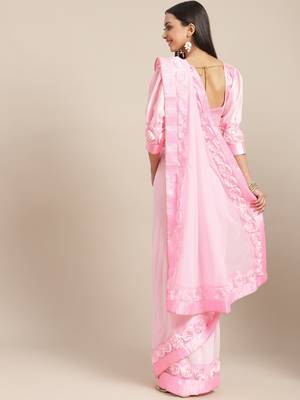 Pink plain georgette saree with blouse 2