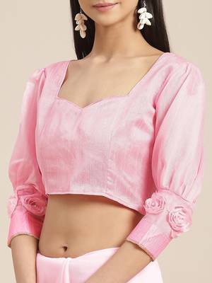 Pink plain georgette saree with blouse 4