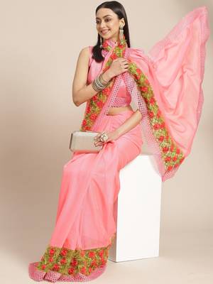 Pink plain chiffon saree with blouse 1