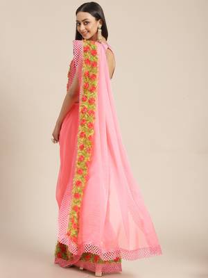 Pink plain chiffon saree with blouse 2