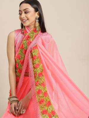 Pink plain chiffon saree with blouse 3