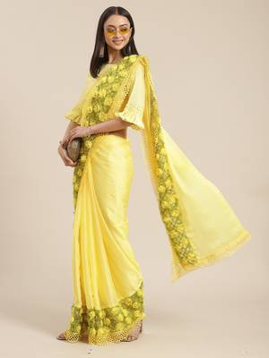Yellow plain chiffon saree with blouse 1