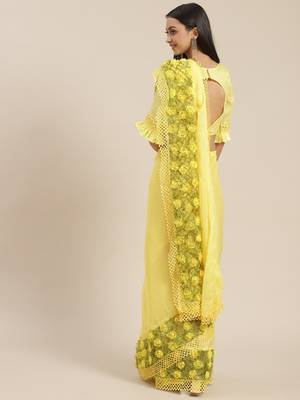 Yellow plain chiffon saree with blouse 2