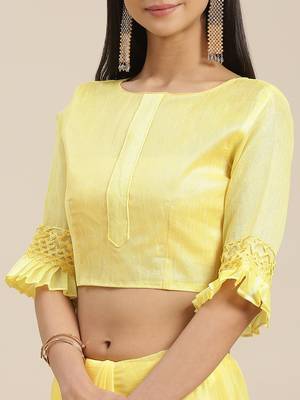 Yellow plain chiffon saree with blouse 4