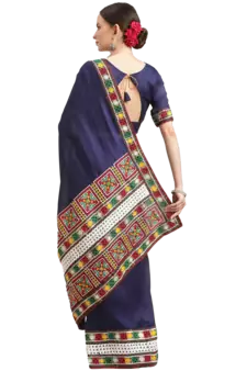 Blue embroidered silk blend saree with blouse