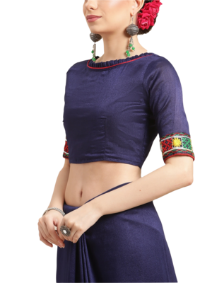 Blue embroidered silk blend saree with blouse 5