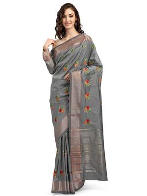 Grey embroidered cotton silk saree with blouse 1