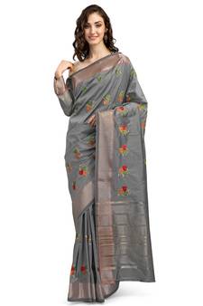 Grey embroidered cotton silk saree with blouse
