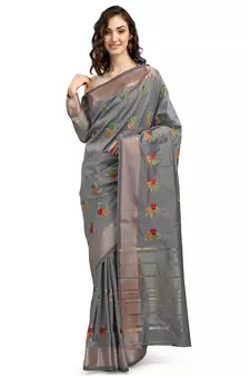 Grey embroidered cotton silk saree with blouse