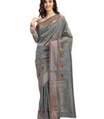 Grey embroidered cotton silk saree with blouse