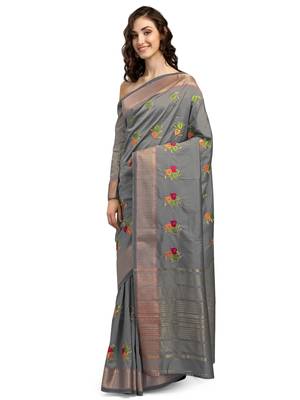 Grey embroidered cotton silk saree with blouse 2