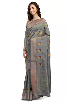 Grey embroidered cotton silk saree with blouse