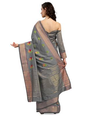 Grey embroidered cotton silk saree with blouse 3