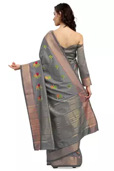 Grey embroidered cotton silk saree with blouse