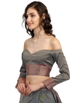 Grey embroidered cotton silk saree with blouse 5