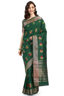Green embroidered cotton silk saree with blouse